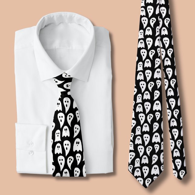Black Ghost Halloween Neck Tie (Halloween Ghosts Black and white tie )
