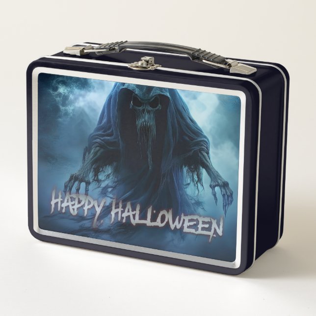 Black ghost in a hellish landscape - Halloween Metal Lunch Box (Front)