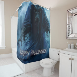 Black ghost in a hellish landscape - Halloween Shower Curtain