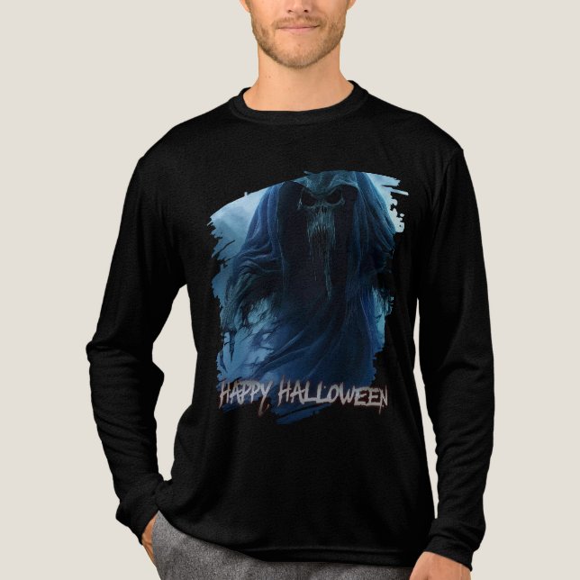 Black ghost in a hellish landscape - Halloween Tri-Blend Shirt (Front)