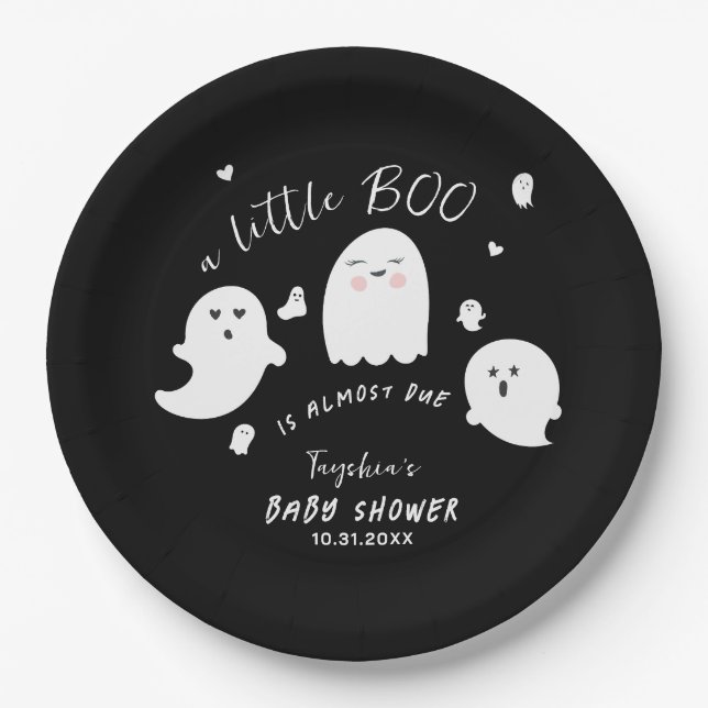 Black Ghost Little Boo Halloween Baby Shower Paper Plates (Front)