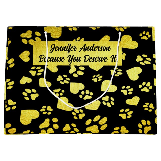 Black Gift Bag with Golden Paw Prints Custom Name (Front)