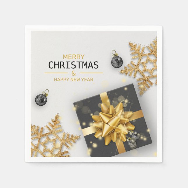 Black Gift Box Christmas Balls Gold Snowflakes Napkins (Front)
