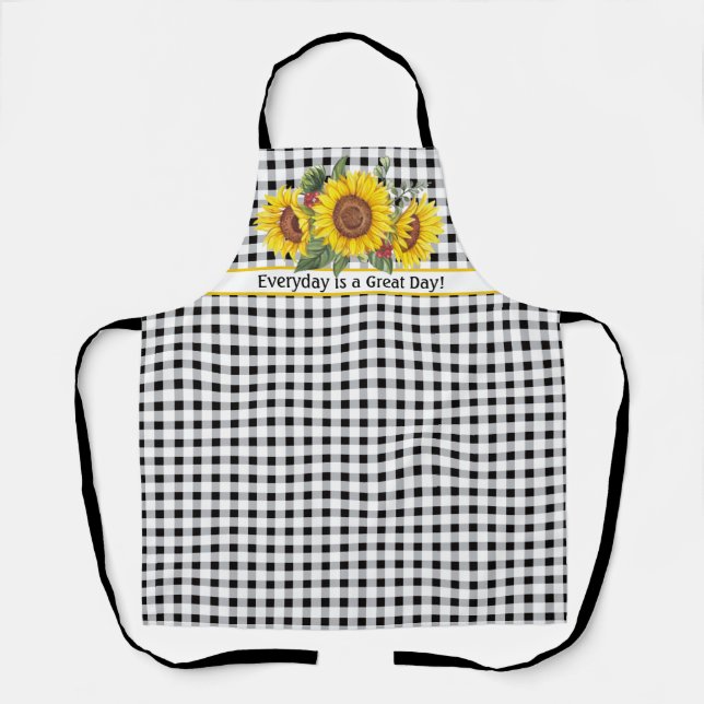 Black Gingham Apron with Sunflowers Customizable (Front)