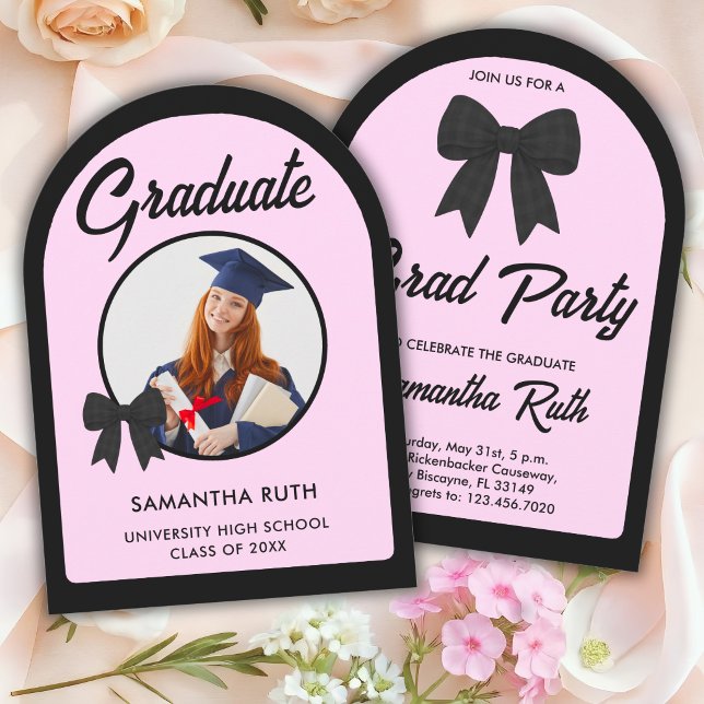 Black Gingham Bow Arch Photo Graduation Party Invitation (Creator Uploaded)