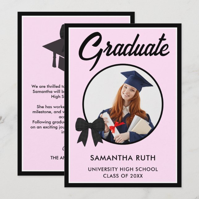 Black Gingham Bow Photo Graduation Announcement (Front/Back)