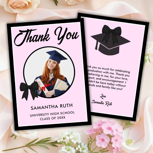 Black Gingham Bow Photo Graduation Thank You Card (Creator Uploaded)