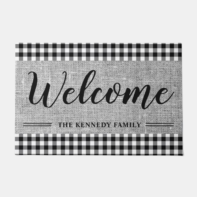 Black Gingham Burlap Rustic Farmhouse Welcome   Doormat (Front)