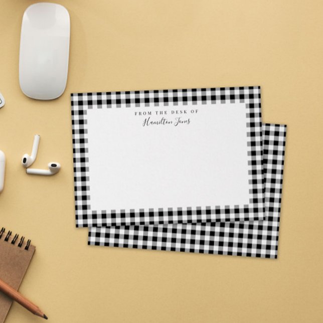Black Gingham Check From the Desk of Thank You Card (black and white gingham check personal stationery note cards with name and "from the desk of")
