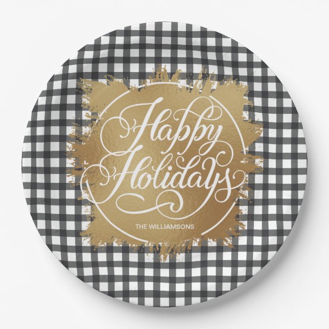 Black Gingham Check Gold Faux Foil Holiday Paper Plates (Front)
