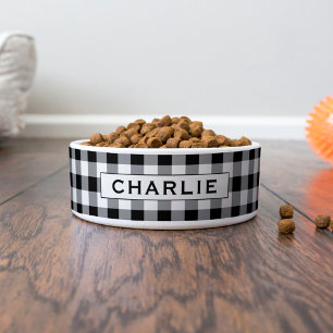 Black Gingham Check Monogram Pet Name Bowl