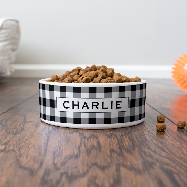 Black Gingham Check Monogram Pet Name Bowl (Creator Uploaded)