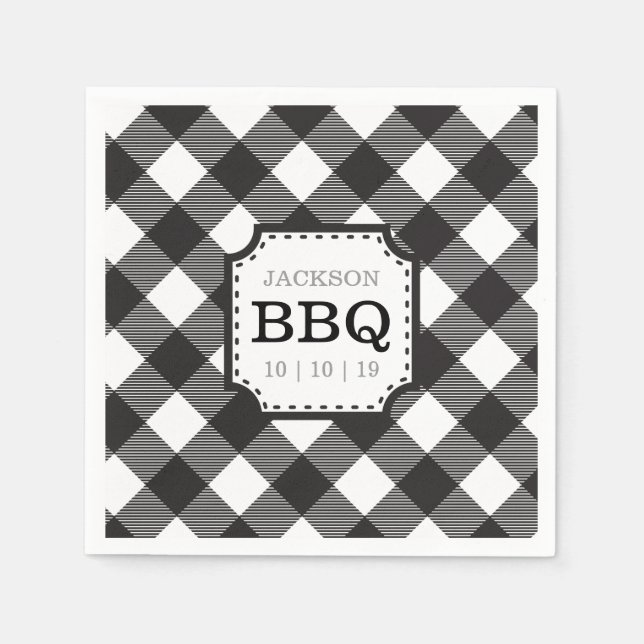 Black Gingham Checkered Pattern Paper Napkin (Front)