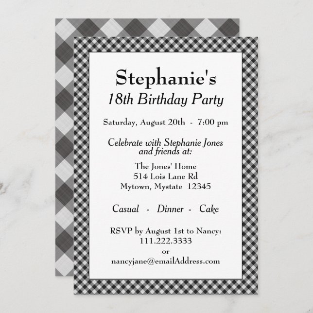 Black Gingham Checks Pattern For All Occasions Invitation (Front/Back)