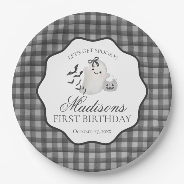 Black Gingham Cute Little Boo Ghost Birthday Party Paper Plates (Front)