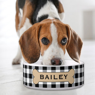 Black Gingham Dog Bone Monogram Pet Name Bowl