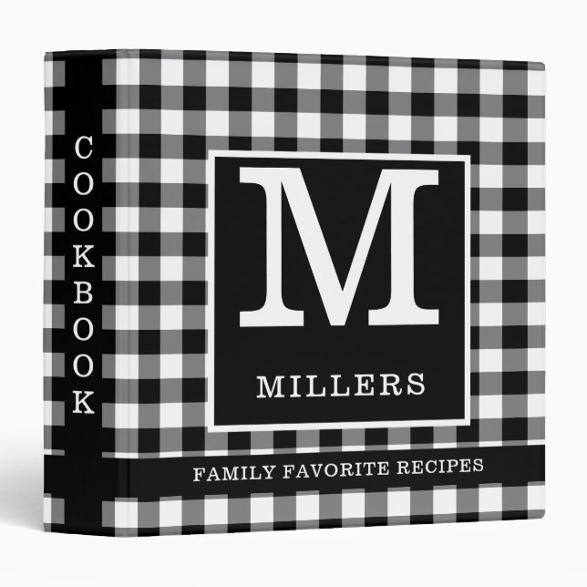 Black Gingham Family Name Monogram Cookbook Recipe 3 Ring Binder (Front/Spine)