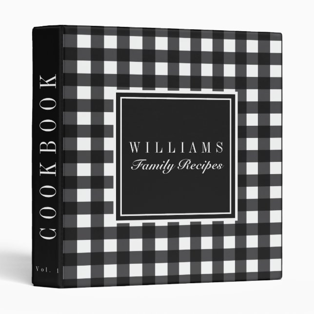 Black Gingham Family Recipe Cookbook 3 Ring Binder (Front/Spine)