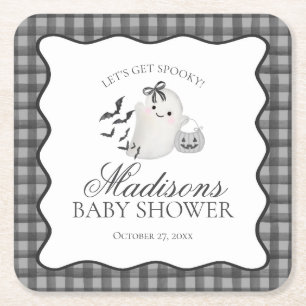 Black Gingham Little Boo Ghost Baby Shower Bar Square Paper Coaster