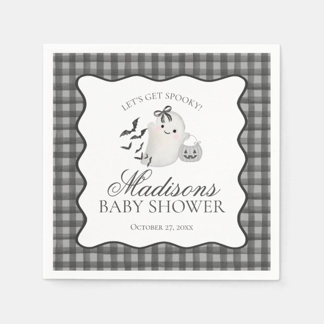Black Gingham Little Boo Ghost Baby Shower Dessert Napkins (Front)