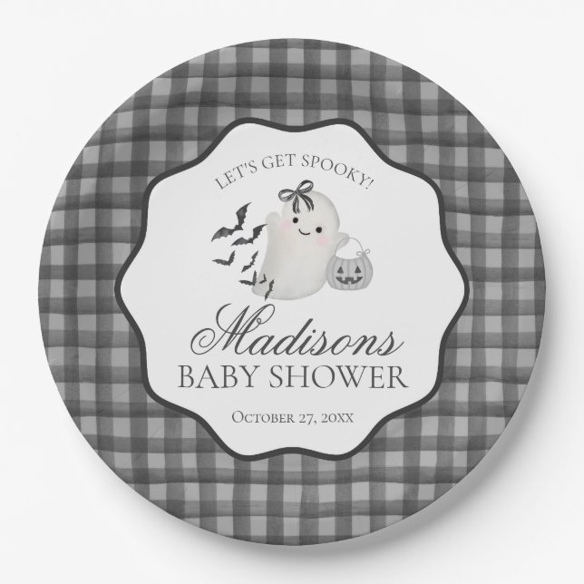 Black Gingham Little Boo Ghost Baby Shower Dessert Paper Plates (Front)