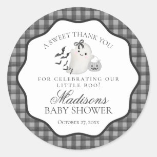 Black Gingham Little Boo Ghost Baby Shower Favor Classic Round Sticker