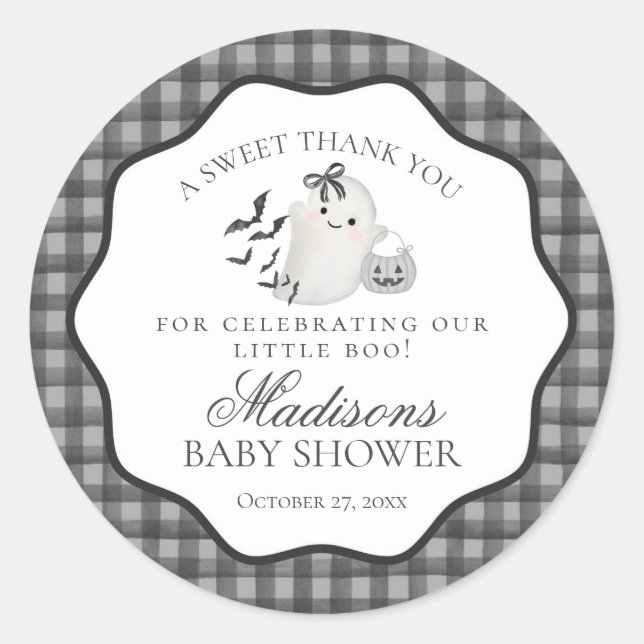 Black Gingham Little Boo Ghost Baby Shower Favor Classic Round Sticker (Front)