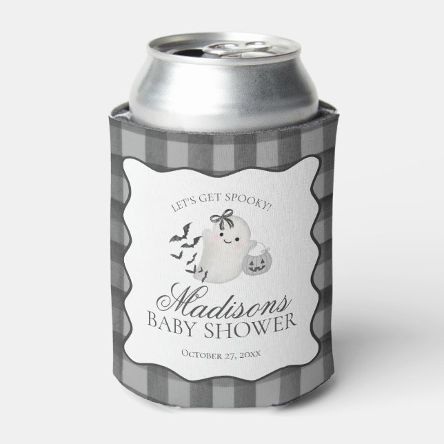 Black Gingham Little Boo Ghost Baby Shower Favors Can Cooler (Can Front)