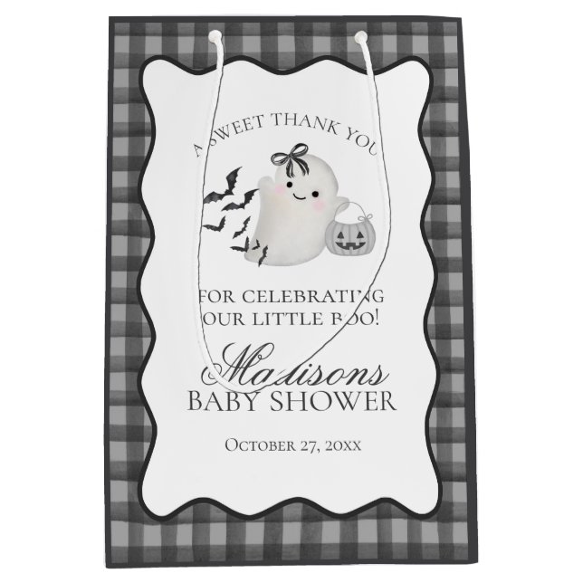Black Gingham Little Boo Ghost Baby Shower Favors Medium Gift Bag (Front)