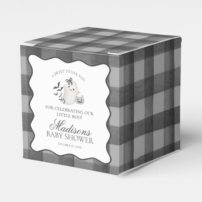 Black Gingham Little Boo Ghost Baby Shower Gable Favor Boxes (Front Side)