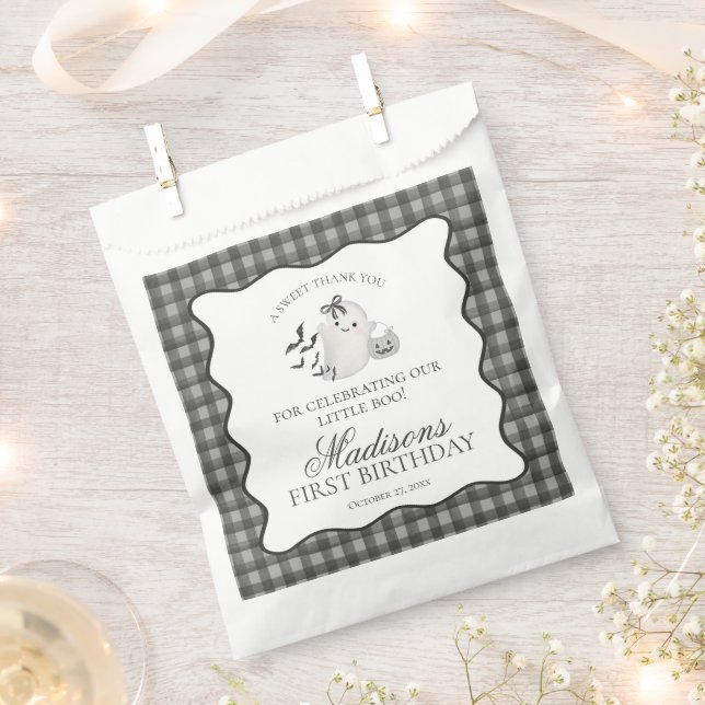Black Gingham Little Boo Ghost Birthday Dessert Favor Bag (Clipped)