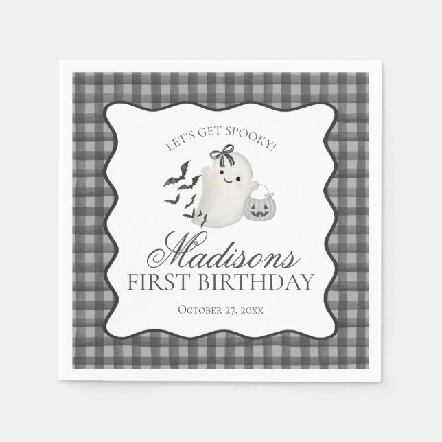 Black Gingham Little Boo Ghost Birthday Dessert Napkins (Front)