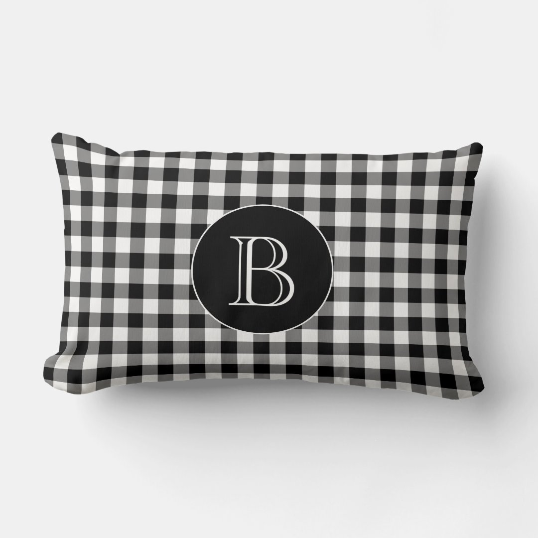 Black Gingham Pattern Custom Monogram Lumbar Pillow Zazzle