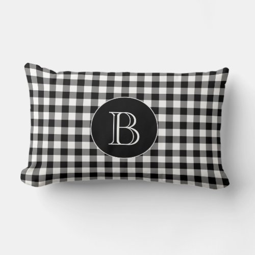 Black Gingham Pattern Custom Monogram Lumbar Pillow