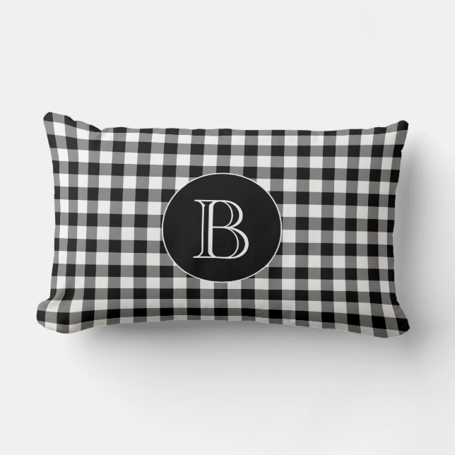 Black Gingham Pattern Custom Monogram Lumbar Pillow (Front)