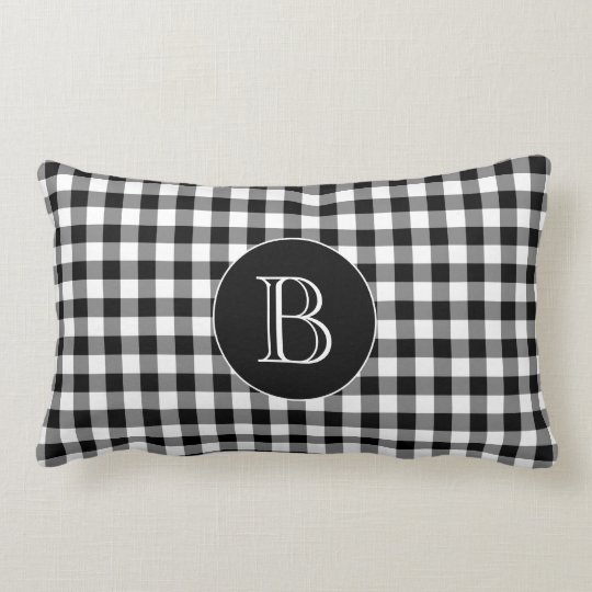 Black Gingham Pattern Custom Monogram Lumbar Pillow