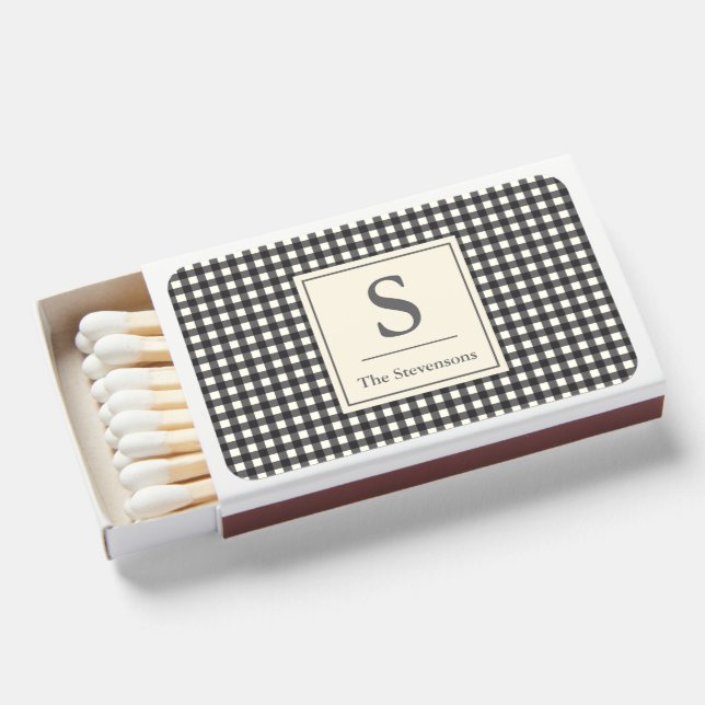 Black Gingham Pattern with Monogram Family Name Matchboxes (Front Open)
