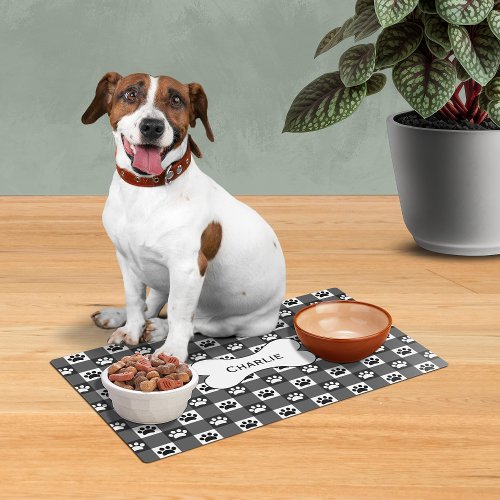 Black Gingham Paw Prints Dog Bone Custom Pet Placemat