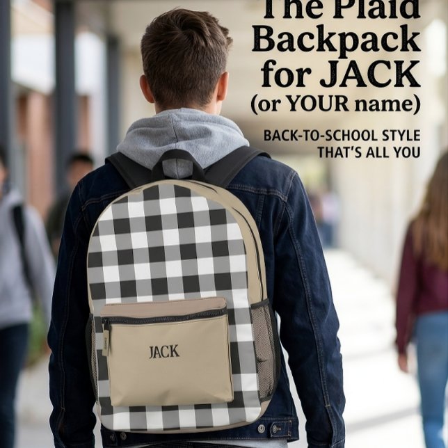 Black Gingham Plaid and Khaki Beige Monogram Printed Backpack (Creator Uploaded)