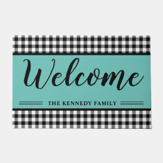 Black Gingham Plaid Farmhouse Teal Welcome Doormat