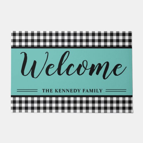Black Gingham Plaid Farmhouse Teal Welcome Doormat