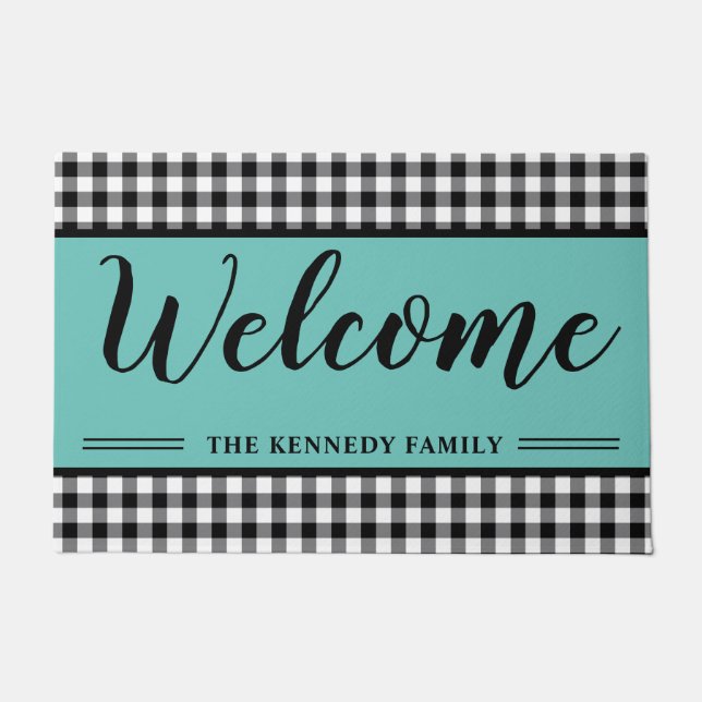Black Gingham Plaid Farmhouse Teal Welcome Doormat (Front)