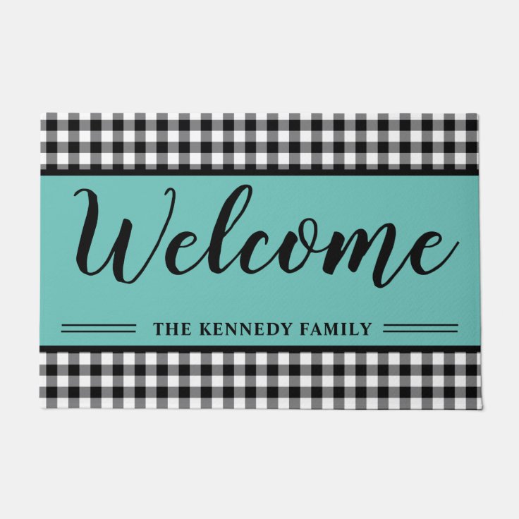 Black Gingham Plaid Farmhouse Teal Doormat Zazzle