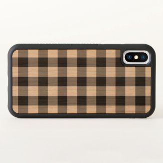 Black Gingham Plaid on Wood Inlay iPhone X Case