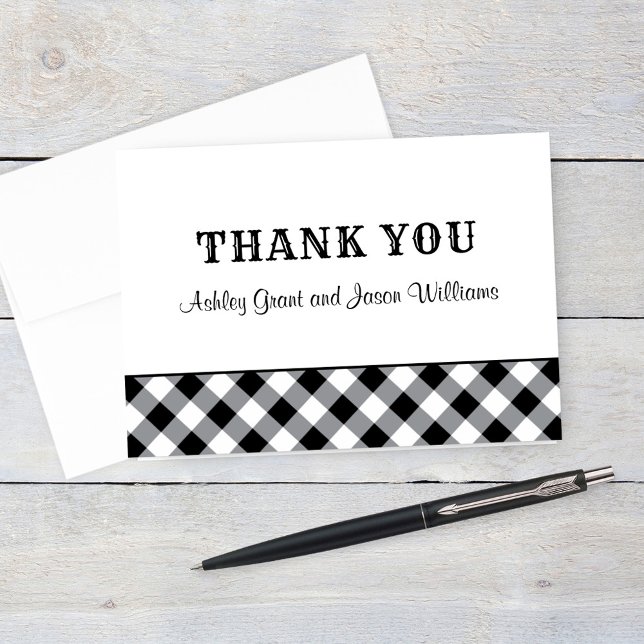 Black Gingham Plaid Wedding Monogram Thank You Card (Creator Uploaded)