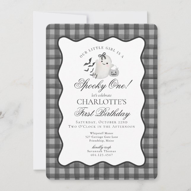 Black Gingham Preppy Ghost Spooky One 1st Birthday Invitation (Front)