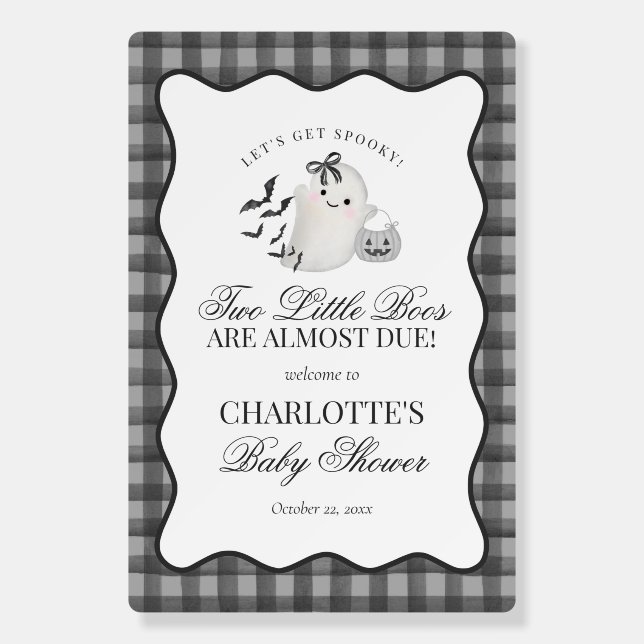 Black Gingham Preppy Little Boos Twins Baby Shower Foam Board (Front)