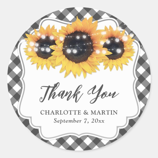 Black Gingham Rustic Sunflower Floral Thank You Classic Round Sticker (Front)