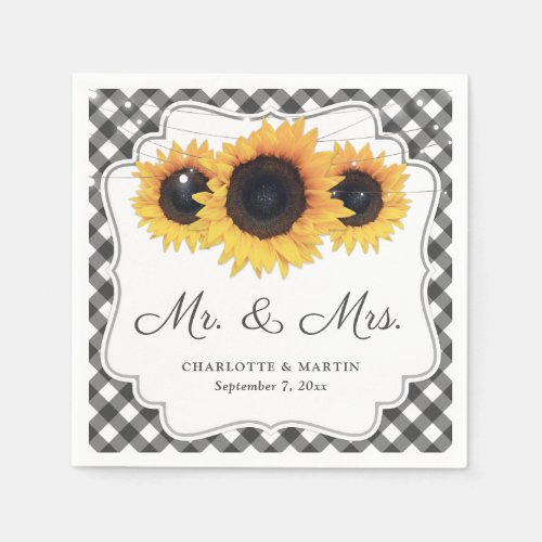 Black Gingham Rustic Sunflower Floral Wedding Napkins