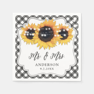 Black Gingham Rustic Sunflower Floral Wedding Napkins